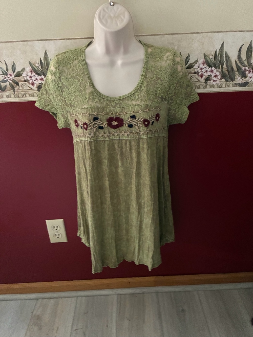 T Party Fashion Olive Green Lace Yoke Tunic with Floral Embroidery